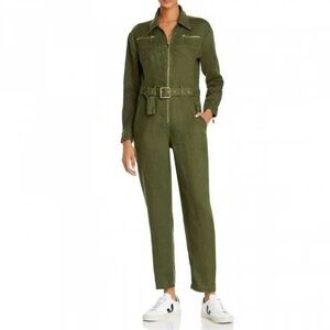 WEWOREWHAT | NWOT UTILITY GREEN LINEN SOLID BELTED COLLARED IN CHIVE GREEN SMALL